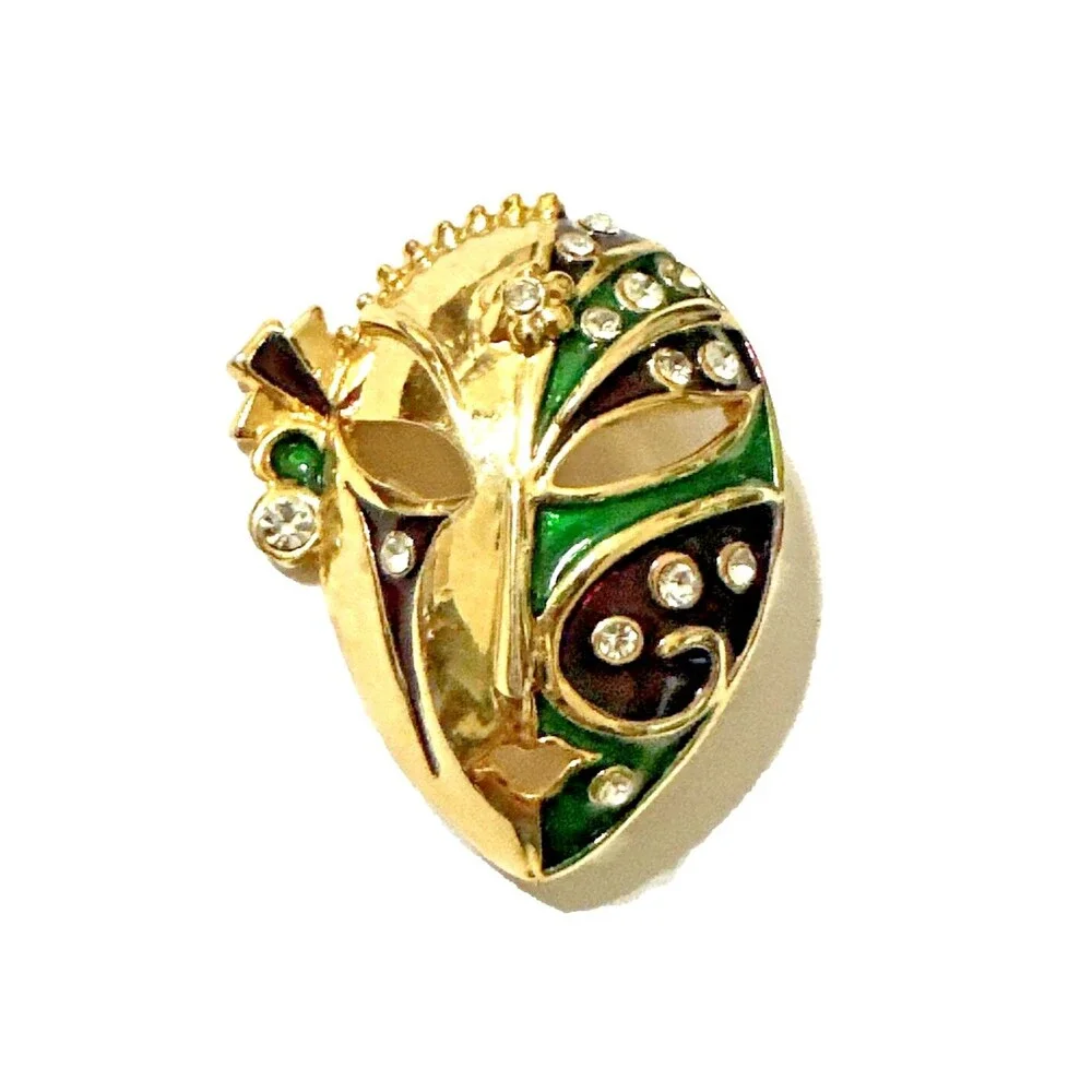 Vintage Kabuki Theater Mask Brooch Ornate Green Red Enamel Rhinestone Pin 1.75